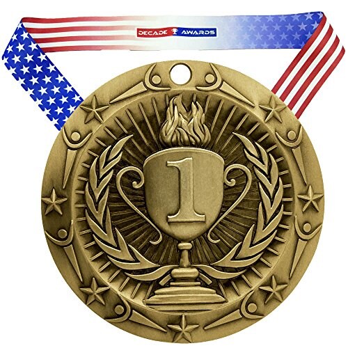 Gold Medal - Large Metal - Olympic Award Medals with Stars &#x26; Stripes American Flag V Neck Ribbon - Perfect for School Competitions, Kids, Students, Athletes &#x26; Scholars