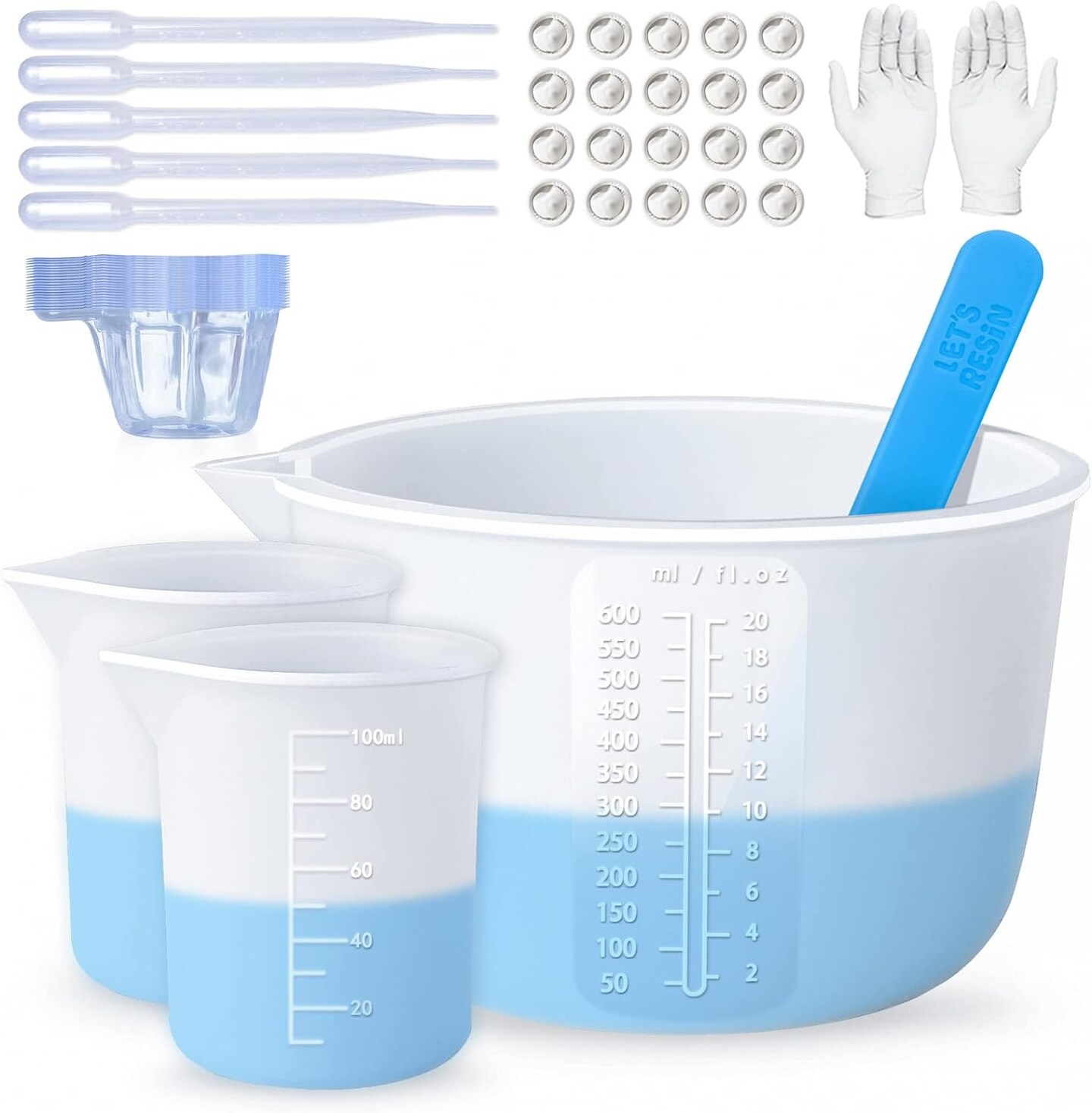 Silicone Measuring Cups,Resin Supplies with 600ml/20oz&100ml Thickening&Polishing Resin Mixing Cups,Easy to Clean,Silicone Stir Sticks,Silicone Cups for Epoxy Resin Mixing