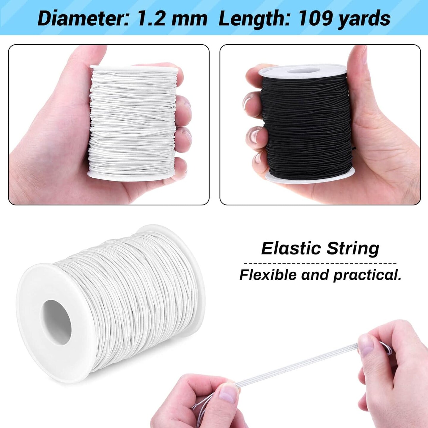 Elastic String Cord, 2 Pack Stretchy String for Bracelets, Necklace, Beading, Jewelry Making and Sewing (1.2 MM, 109 Yards, Black &#x26; White)