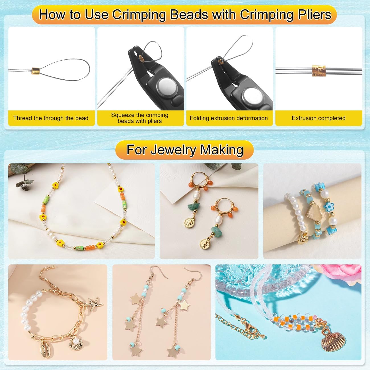 2120 PCS Crimp Beads for Jewelry Making Supplies, Bracelet Clasps and Closures, Golden Silver Crimp Covers & Tubes, Lobster Clasp Crimping Pliers and Beading Wire