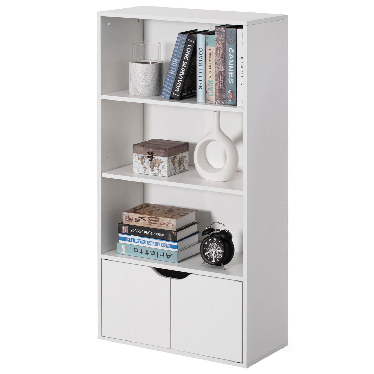 47 Inches Multi Purpose White 3 Tier Open Book Shelf and Bookcases with 2 Doors Storage Cabinet and 1 Adjustable Shelf - Ideal for Home Office, Living Room, Classroom, Study Room