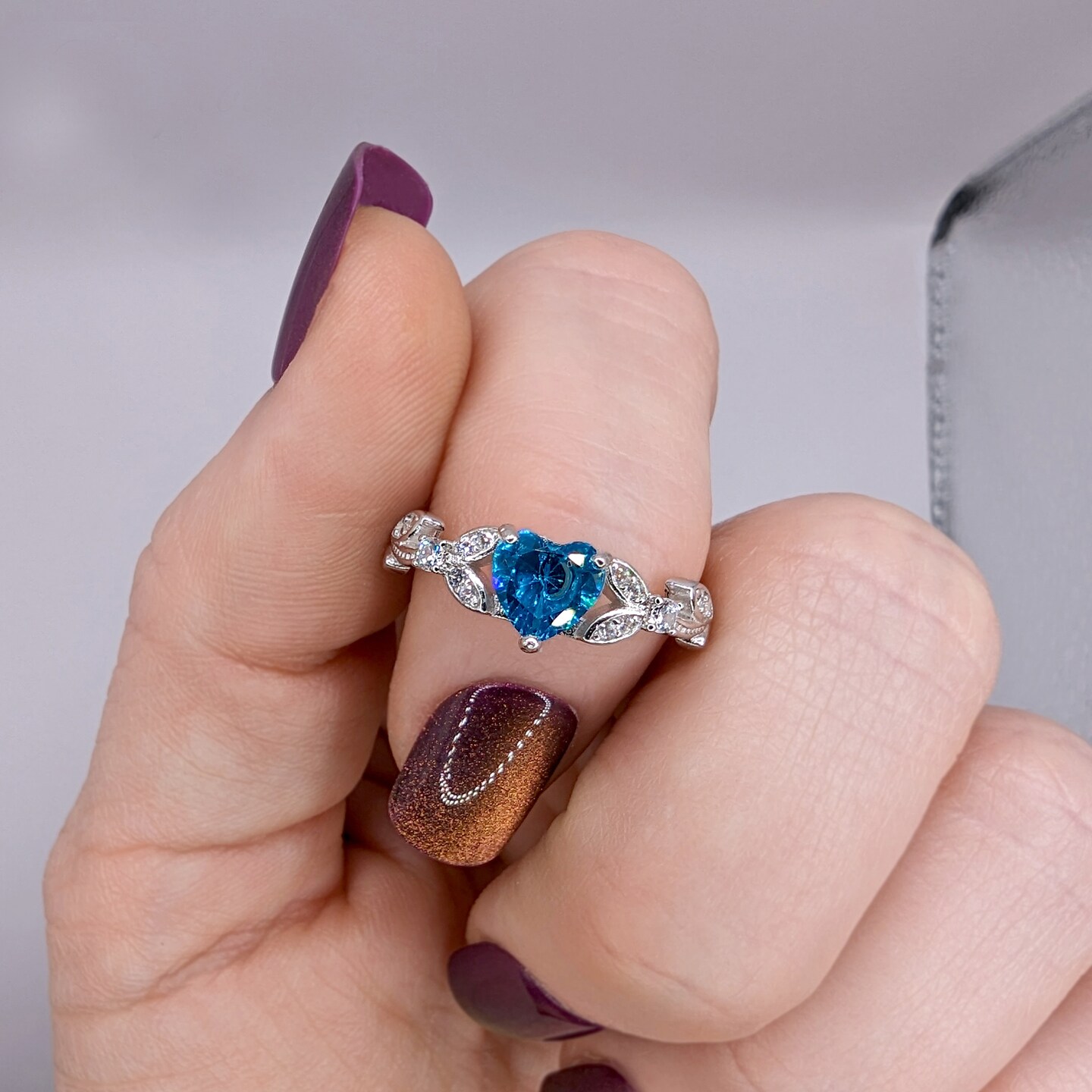 White Gold Blue Topaz Cubic Zirconia Heart Shaped Promise Ring, Engagement Ring, CZ Wedding Ring, December Birthstone product 5