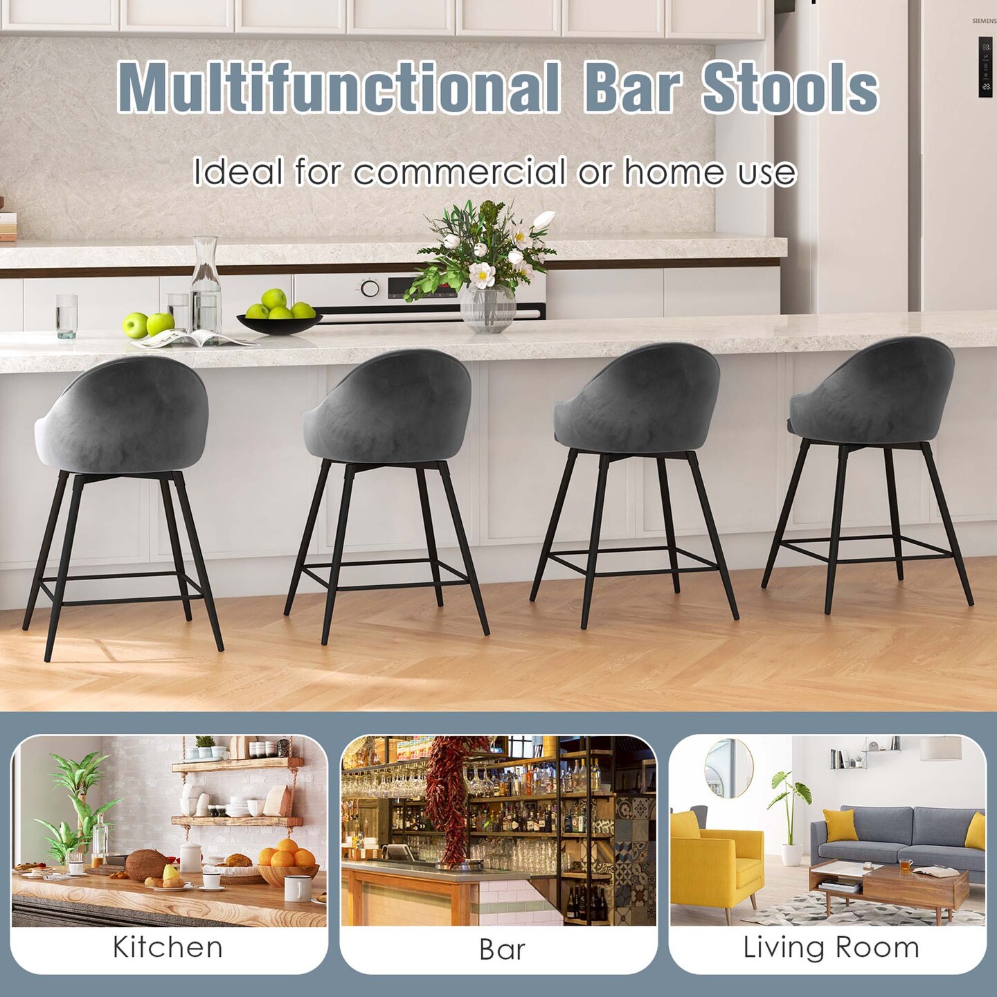 Costway Set of 2 Velvet Bar Stools Swivel Counter Height Dining Chair with Metal Legs Gray