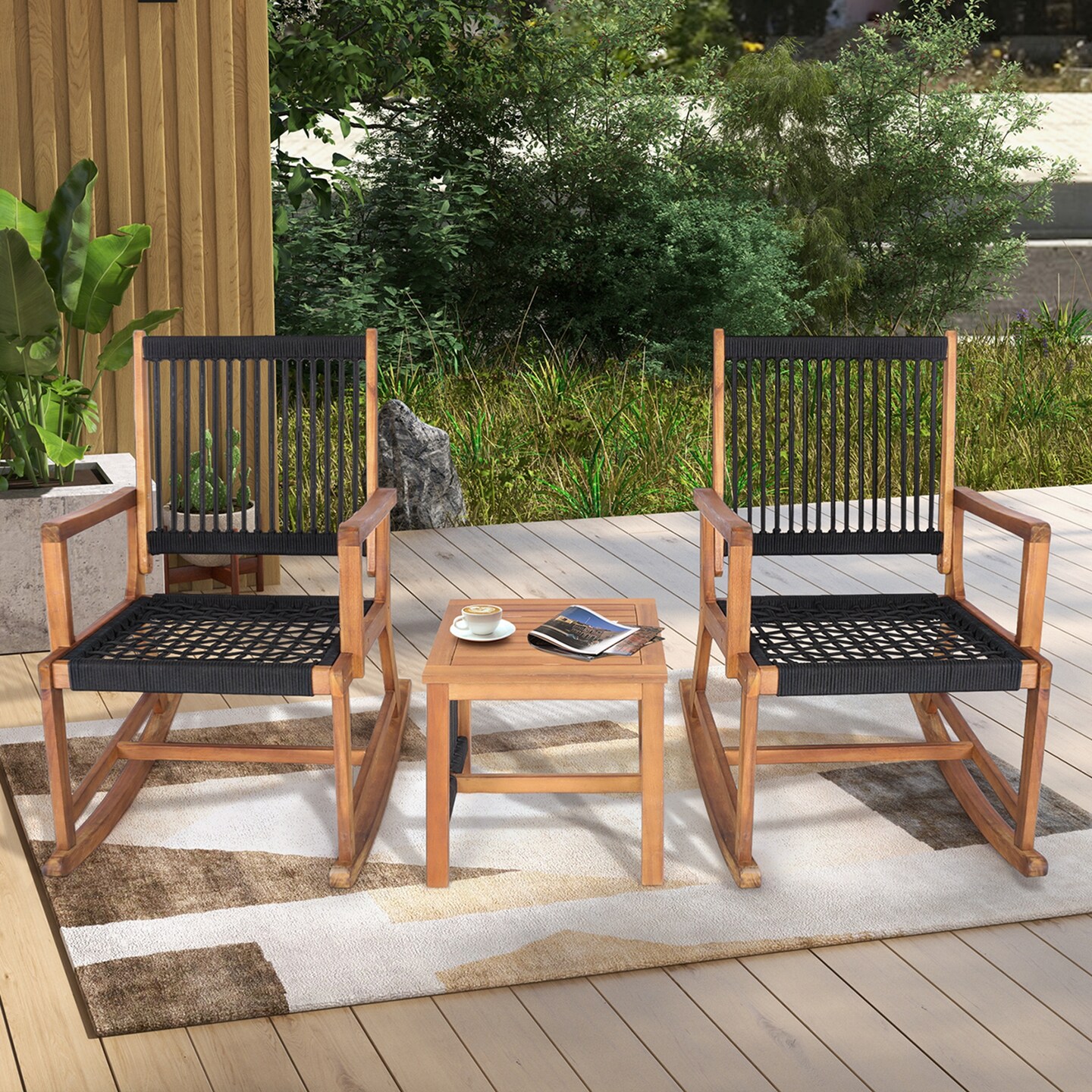 Costway 3pcs Patio Acacia Wood Bistro Table Rocking Chair Set All