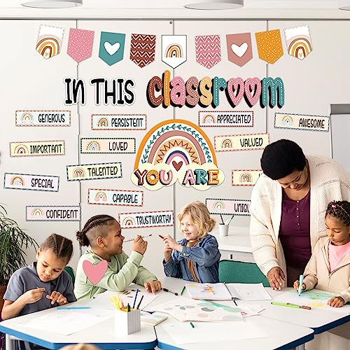 32pcs Classroom Bulletin Board Decorations Set - Boho Rainbow Motivational Words Cutouts Bulletin Decorations for Teachers School Classroom Bulletin Board