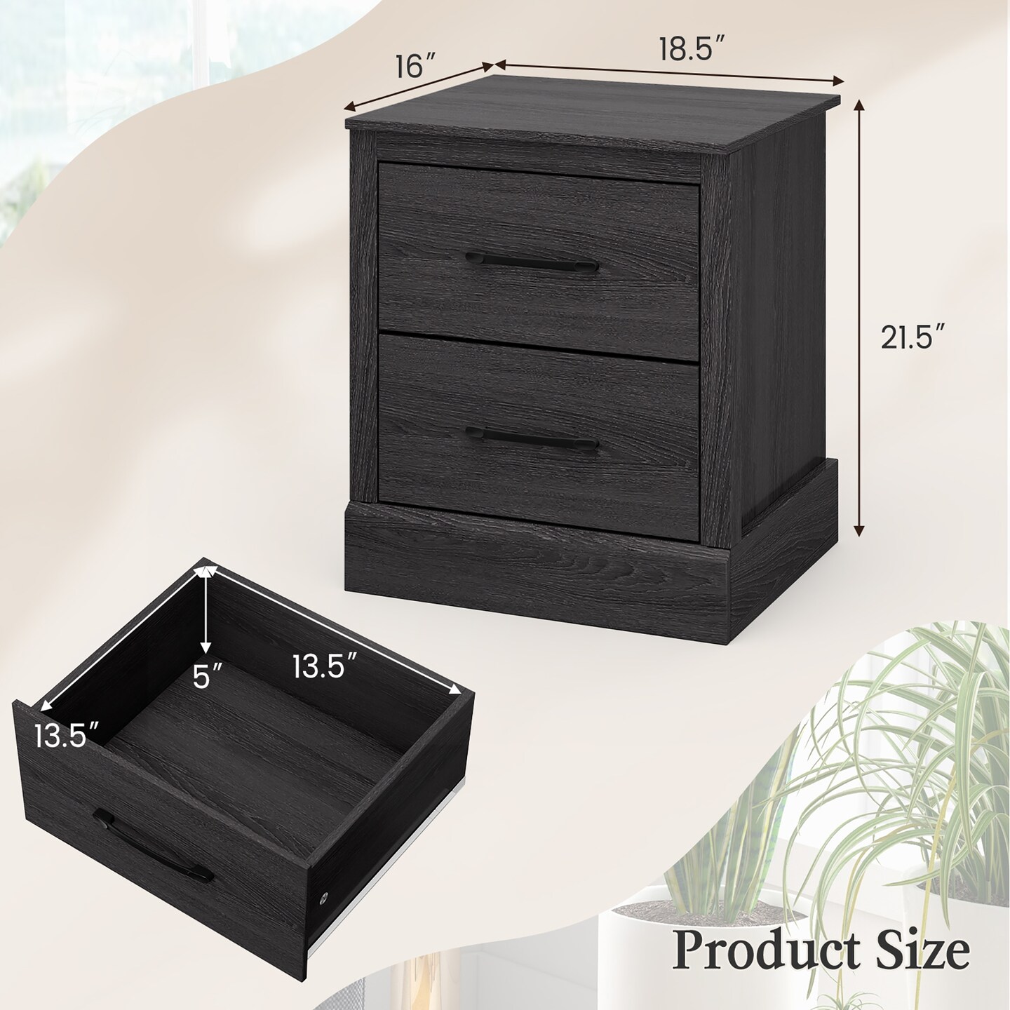 Costway 2 Drawer Nightstand Bedside Table Compact Sofa End Table Dark Grey Oak/Walnut