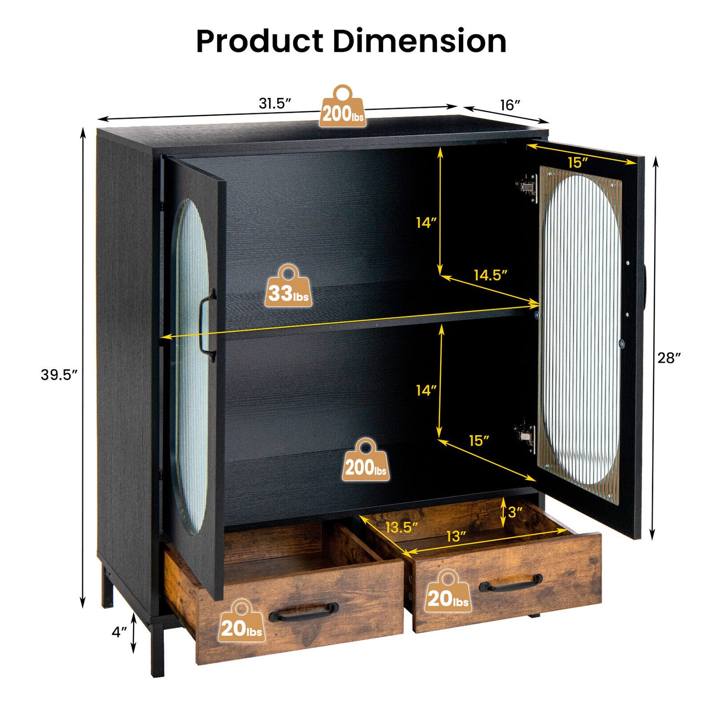 Kitchen Industrial Buffet Sideboard With Tempered Glass Doors