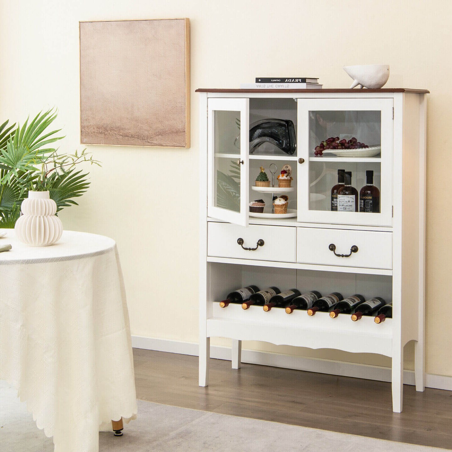 Buffet Cabinet with Wine Rack Drawers Tempered Glass Doors White Brown
