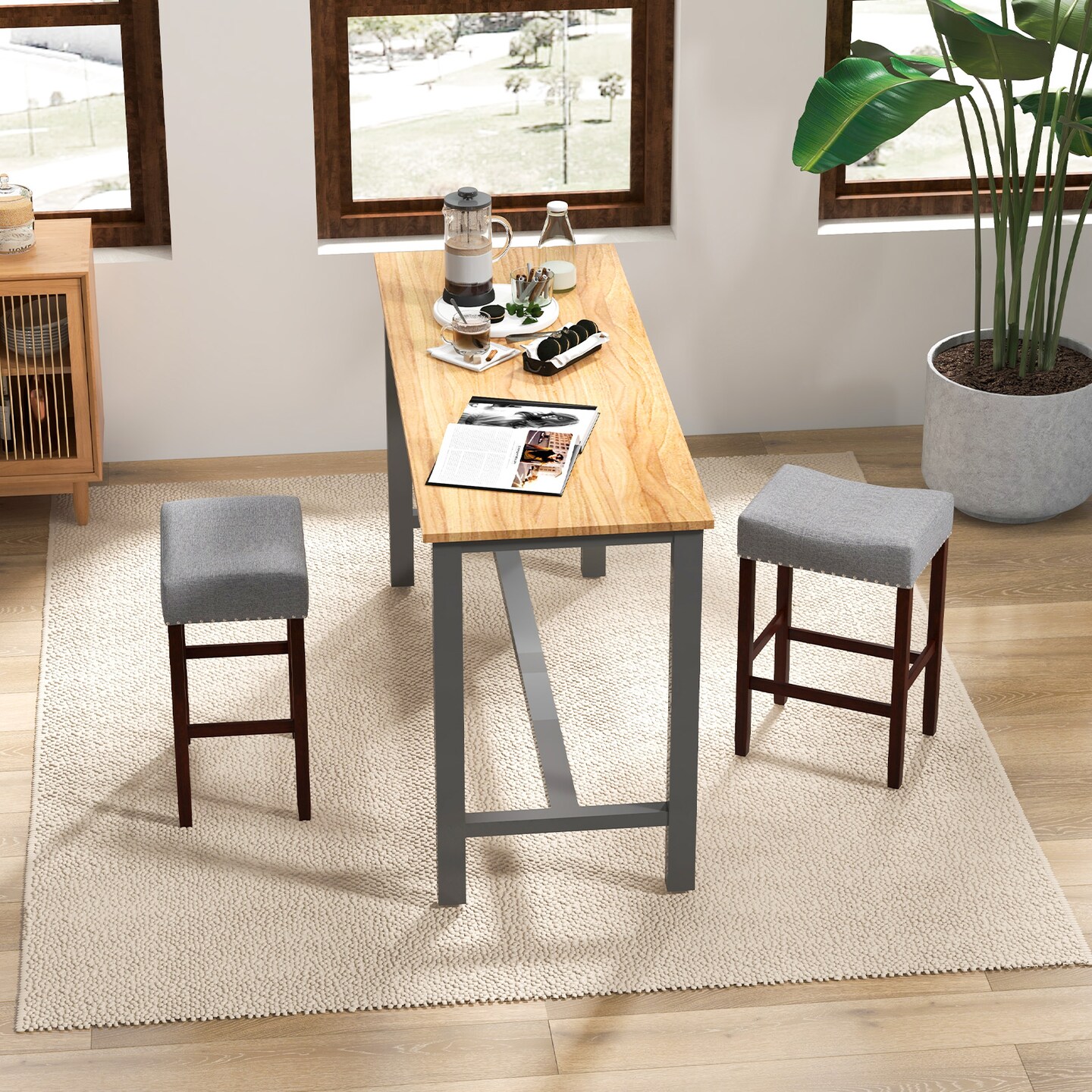 Costway Set of 2 Counter Height Bar Stools Saddle Kitchen Chairs with Wooden Legs