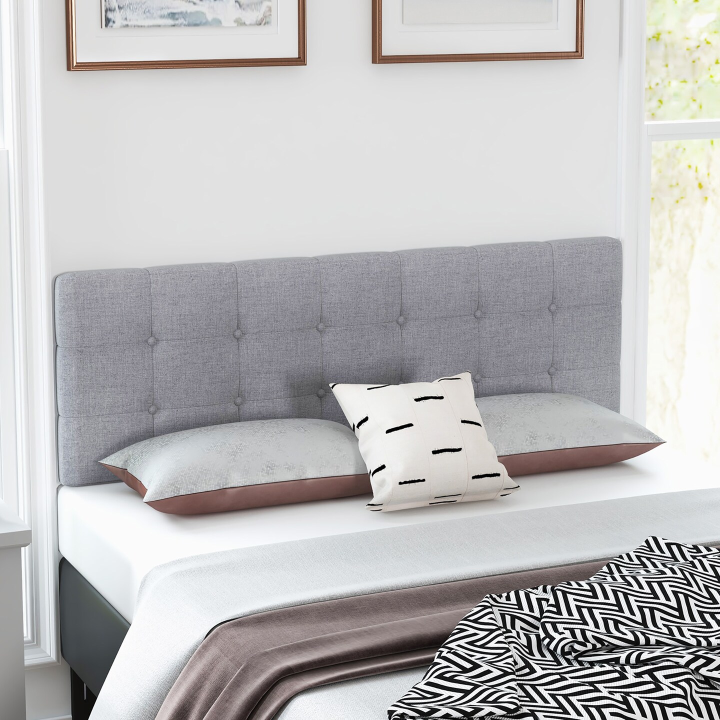 Costway Full/Queen Size Headboard Linen Fabric Upholstered Button Tufted Solid Wood Leg