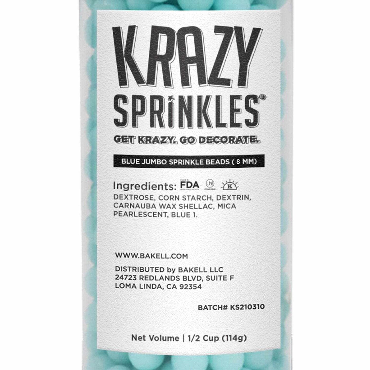 Krazy Sprinkles - Blue 8mm Beads (1/2 Cup, 1x Jar) for Cakes, Ice Cream & Cookies