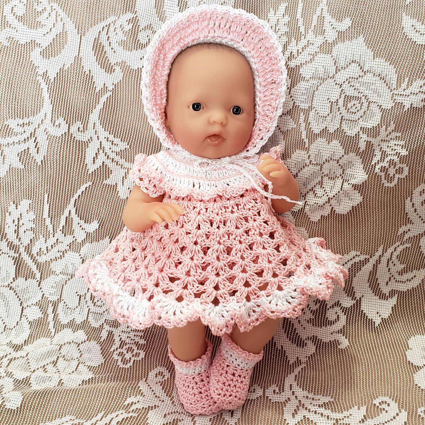 Dress Set for 7.5 inch Berenguer La Newborn Mini Baby Doll Dress Bonnet Bloomers and Booties Handmade Crochet Pink MakerPlace by Michaels