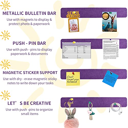 8 Pieces Purple Rose Cork Board Bar Strips with 50 Pushpins & Sticky Notes, Self-Adhesive Bulletin Board Strips No Damage for Wall, Felt Pin Board for Paste Notes, Photos, Schedules Office Decor