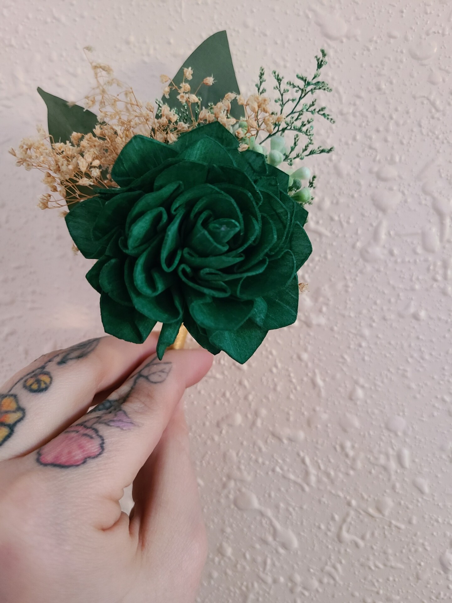 sachin and babi light blue dress Dark Hunter Green and Gold Wood Flower Boutonniere
