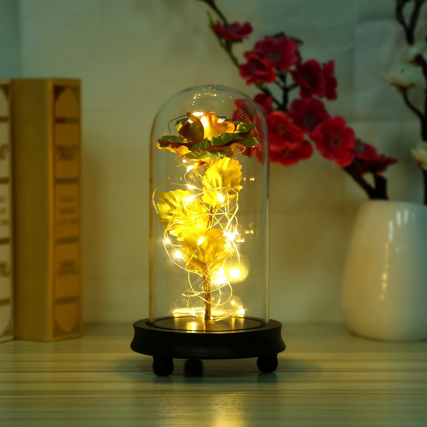 Foil Rose LED String Light Rose Fairy Lamp w/ Glass Dome For Valentines&#x27; Day