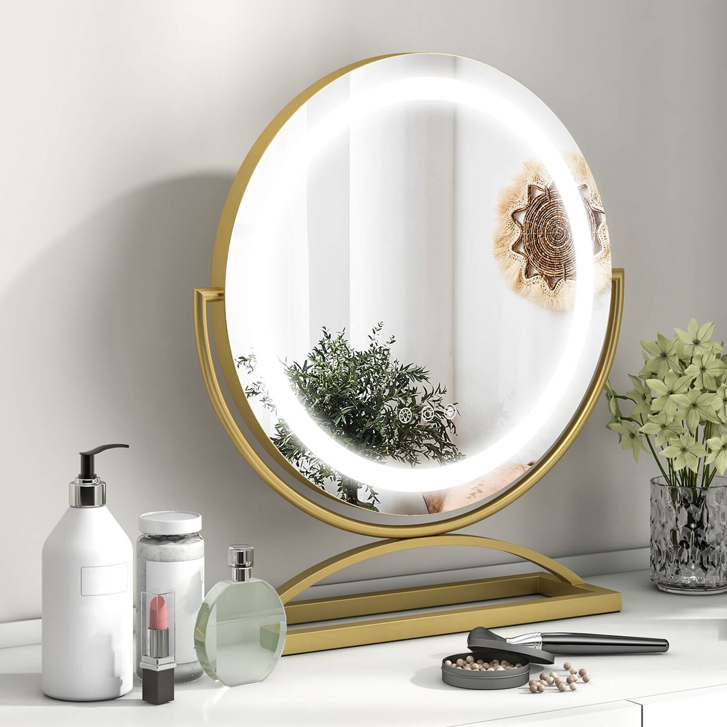 Costway 16&#x22; Round Makeup Vanity Mirror with Lights 3 Color Dimmable Touch Control Black/Gold/White