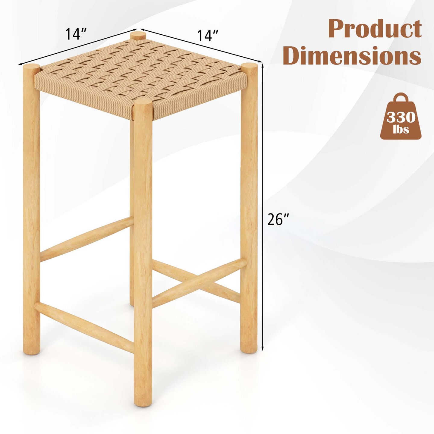 Costway 26'' Dining Bar Stool Set of 2/4 Counter Height with Rubber Wood Woven Saddle Seat