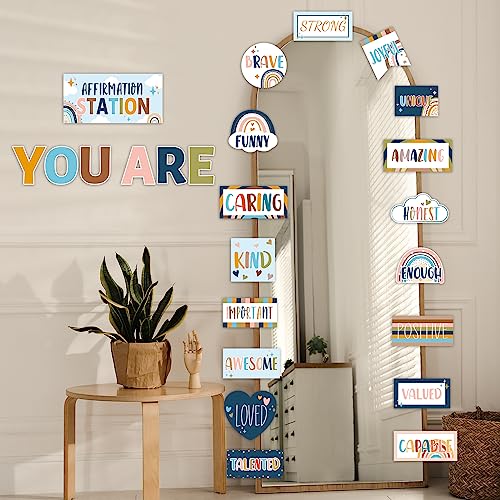 Boho Affirmation Station Bulletin Board Set Rainbow Bulletin Board for Classroom Decor Hippie Motivational Posters Positive Affirmations Accents Cutouts for Teachers School Chart Wall Supplies