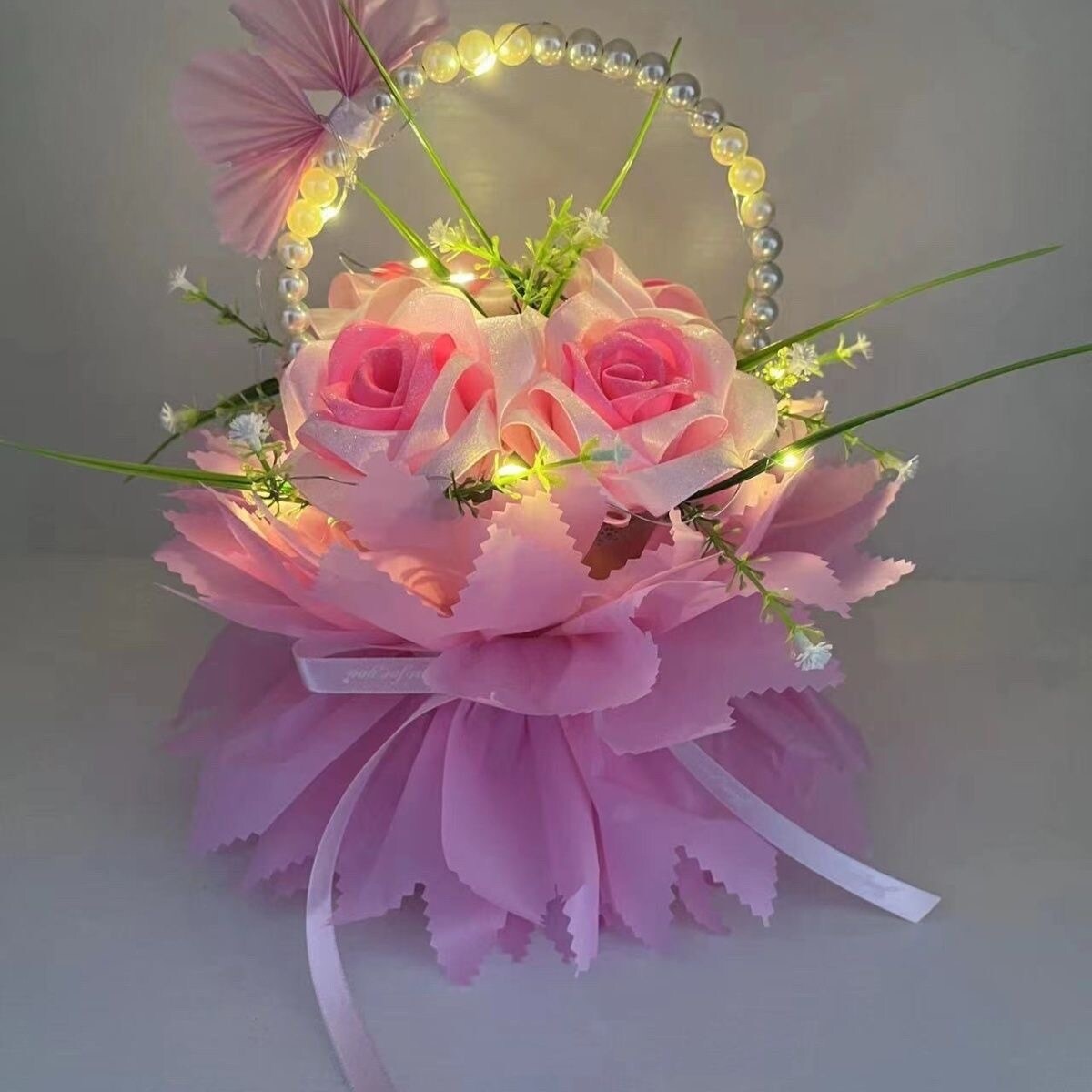 Handcrafted Ribbon Basket Bouquet with Lights - BLING Rose  display picture 2
