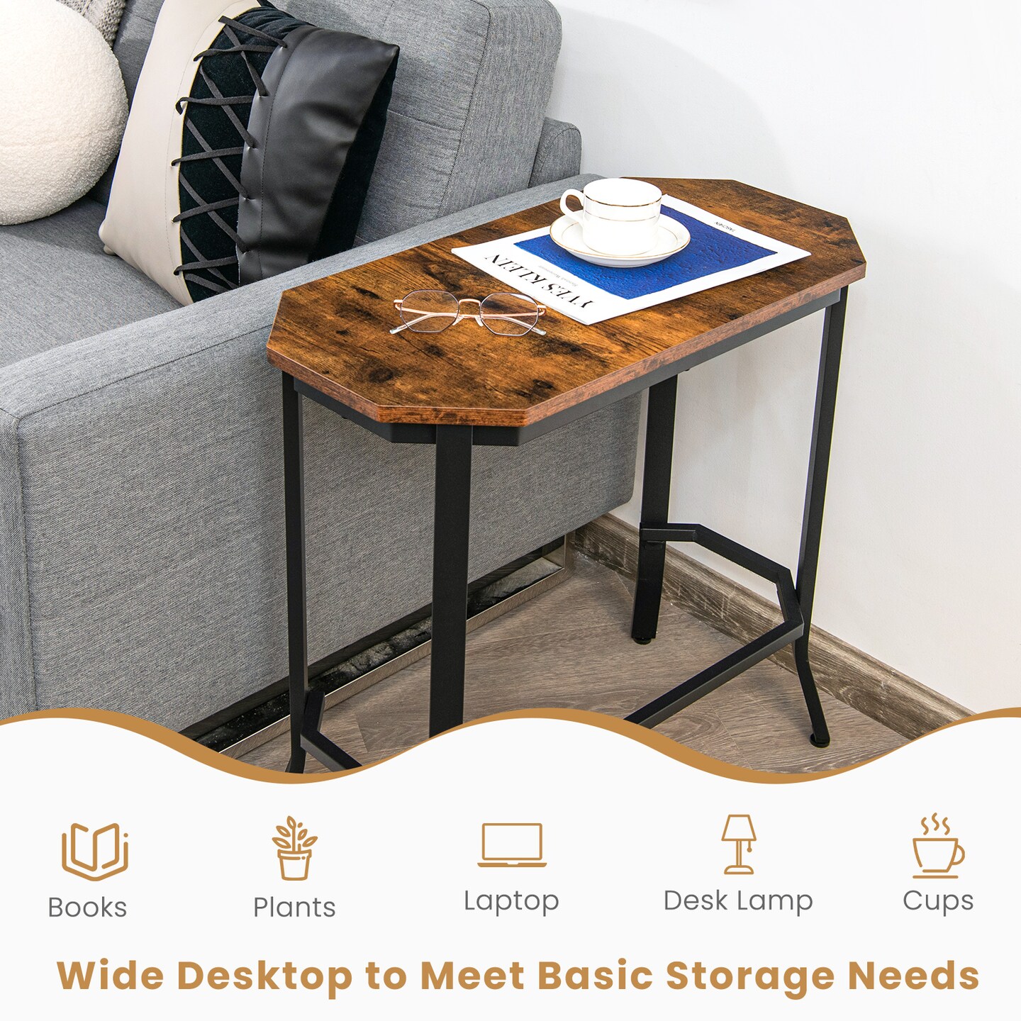 Rustic Brown Narrow Side End Table with Steel Frame Perfect for Living Room and Bedroom