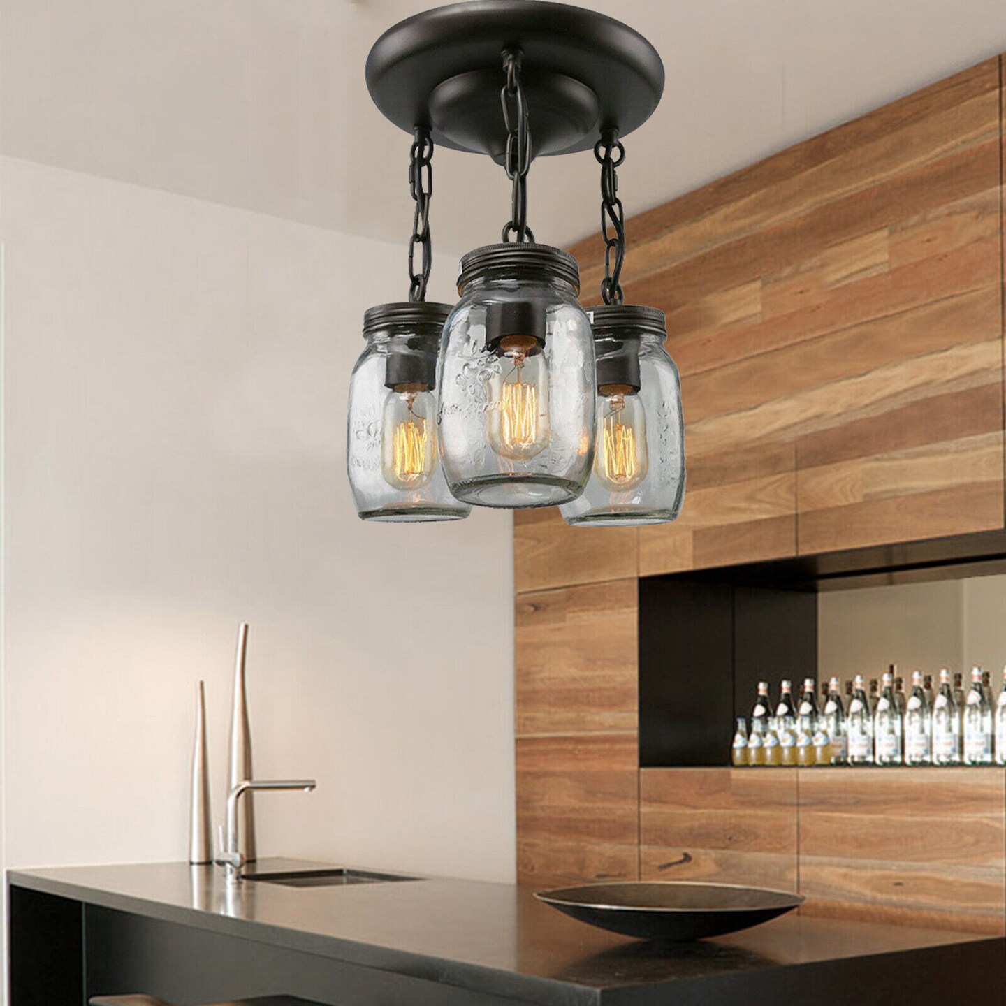 Kitcheniva 3-Lights Farmhouse Mason Jar Hanging Pendant Lamp