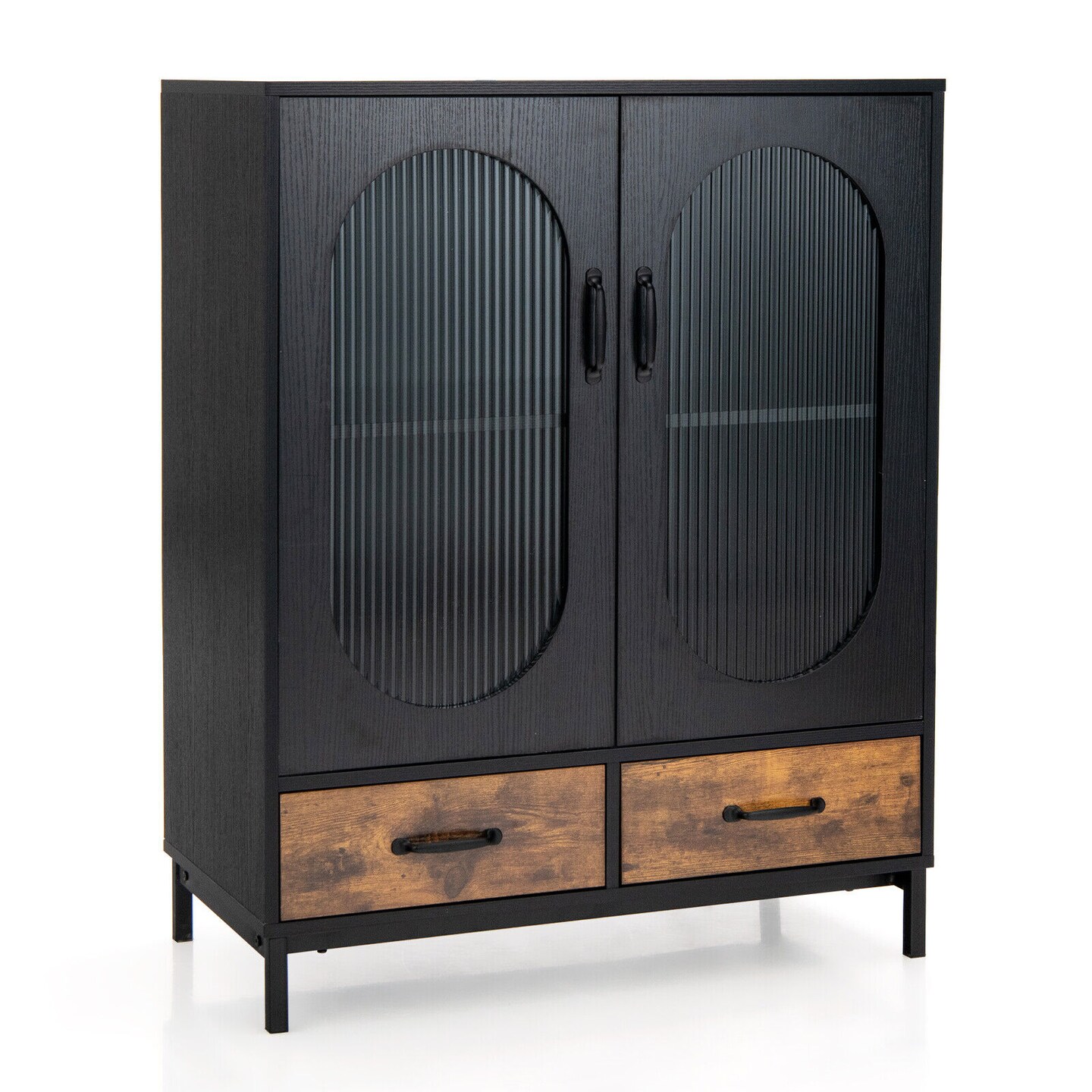 Kitchen Industrial Buffet Sideboard With Tempered Glass Doors
