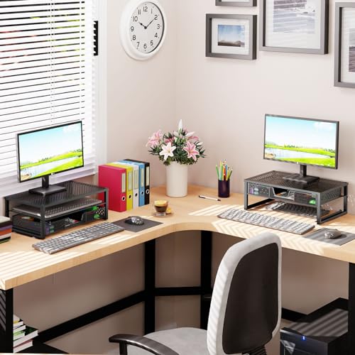 Simple Trending-Metal Monitor Stand Riser and Computer Desk Organizer with Drawer for Laptop, Computer, iMac, Black