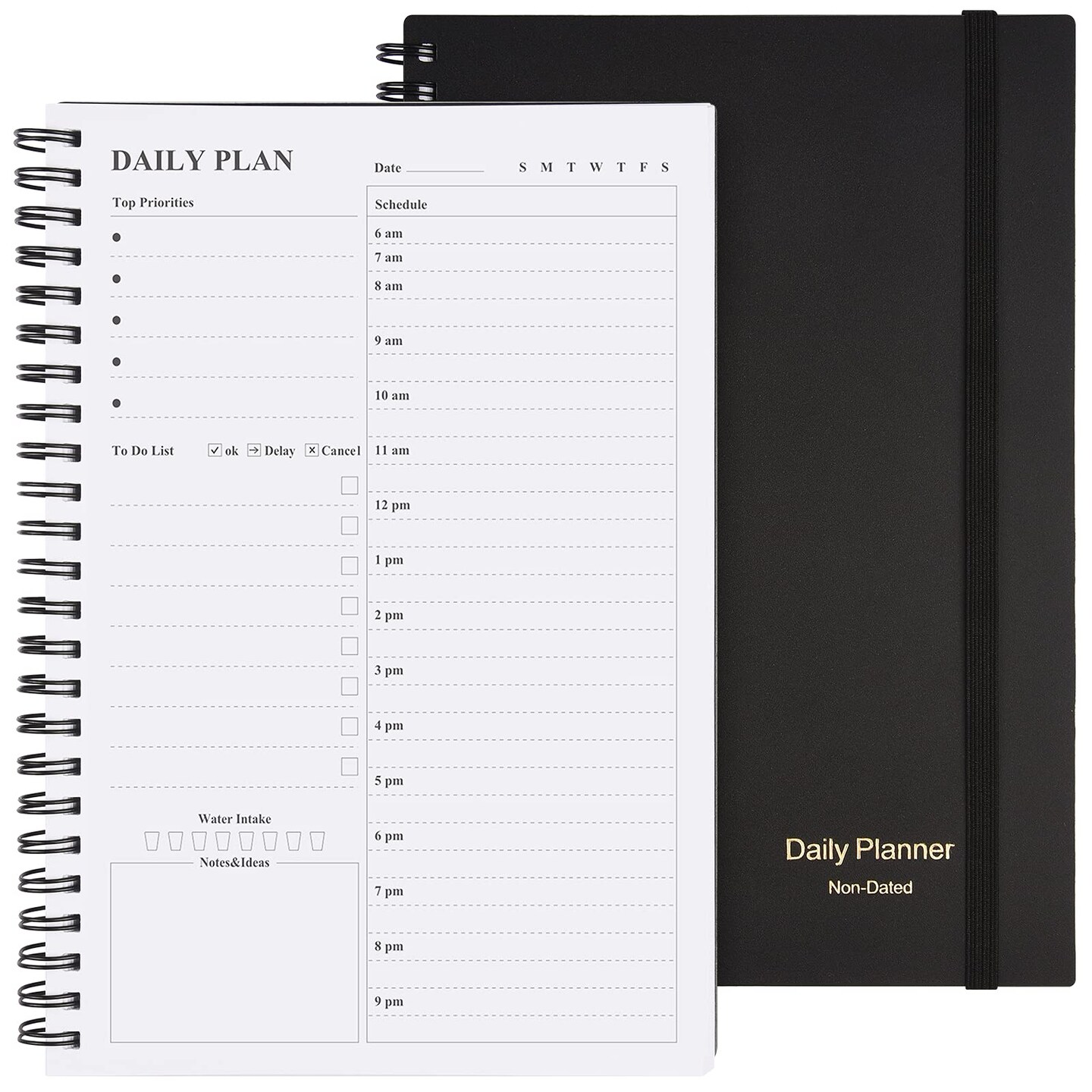 Daily Planner Undated, Asten To Do List Notebook Hourly Schedules Spiral Appointment Planner for Men and Women,PVC Hardcover,Elastic Closure, Inner Pocket 8.3&#x22; x 5.8&#x22; (Black)