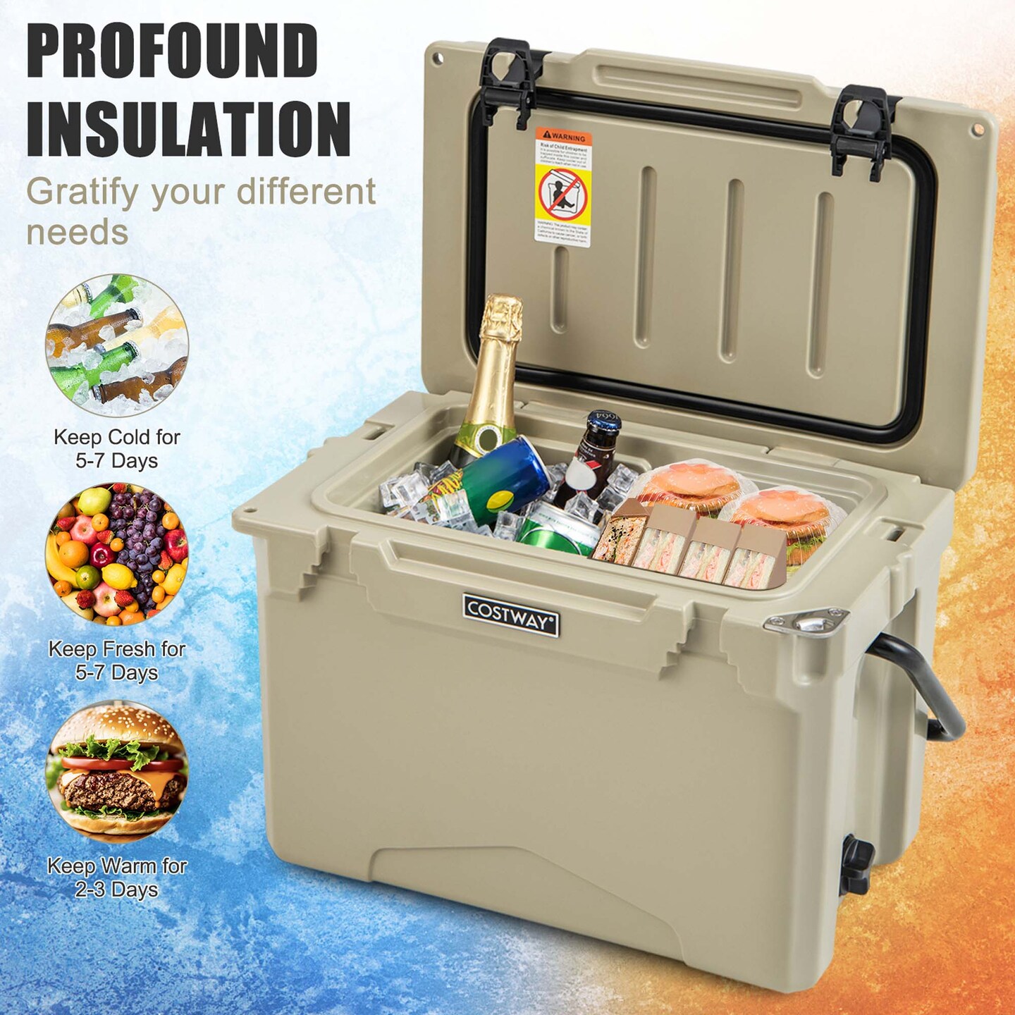 Costway 25 QT Portable Cooler Rotomolded Ice Chest Insulated Ice Box for 5-7 Days Charcoal/Tan
