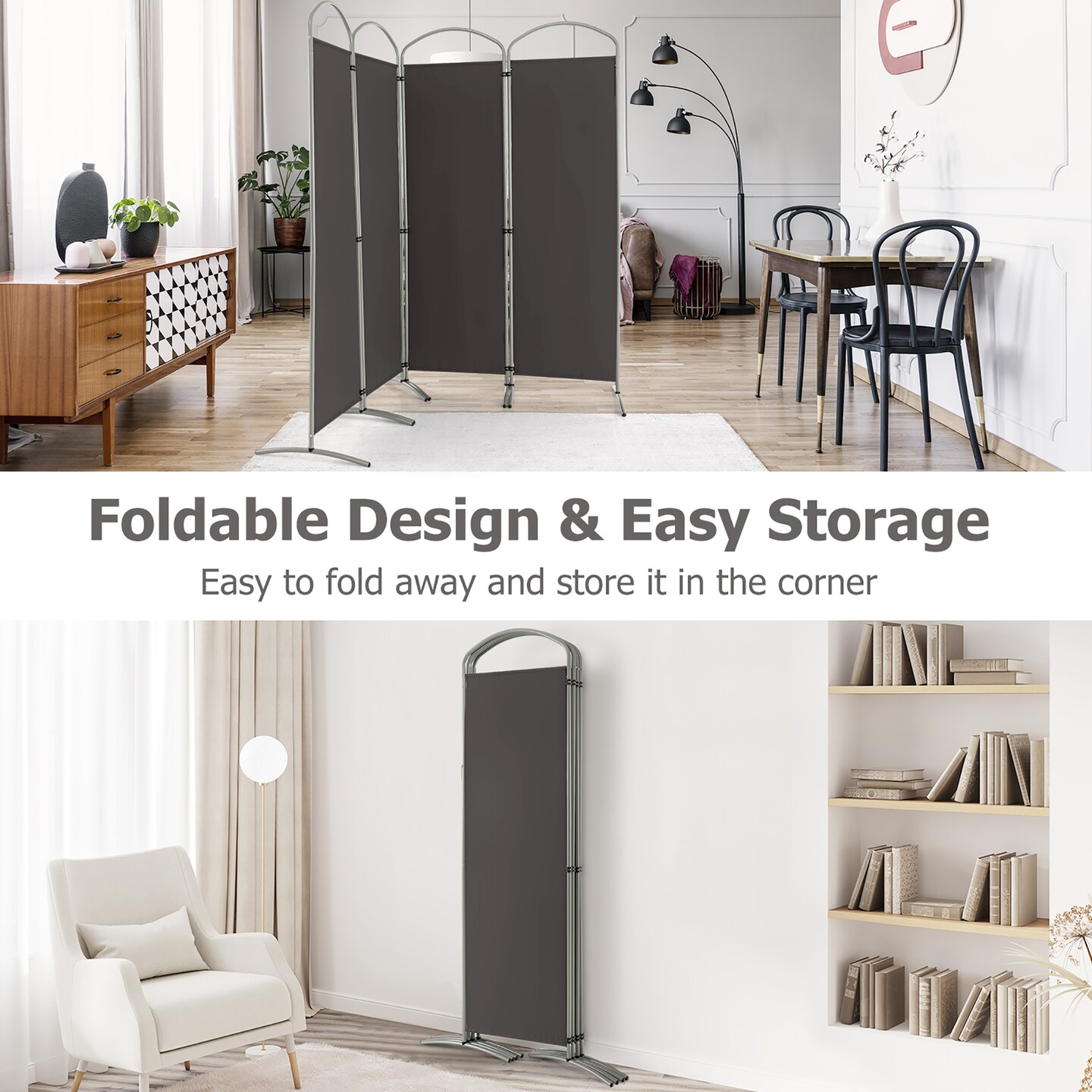 Costway 4 Panels Folding Room Divider 6 Ft Tall Fabric Privacy Screen Black/Brown/Grey/White