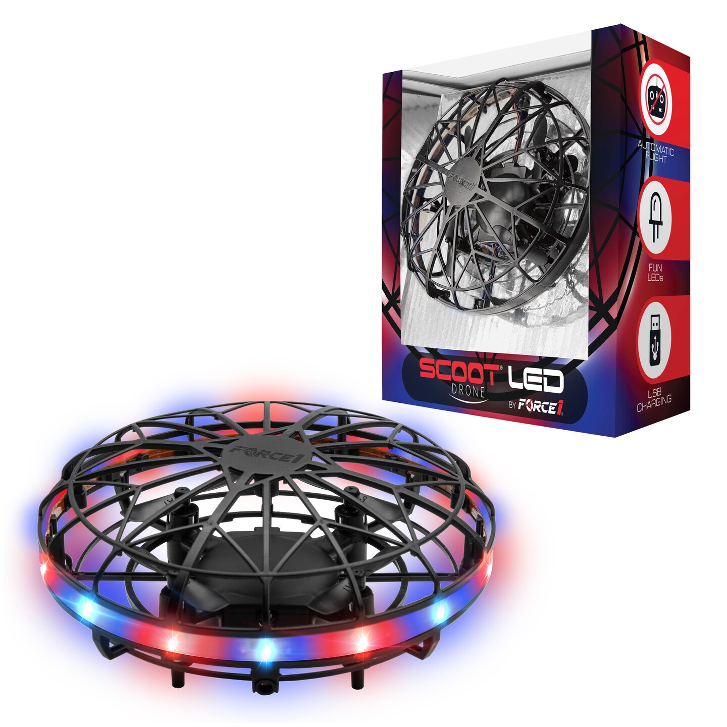 Force1 Scoot LED Hand Operated Drone for Kids or Adults - Red/Blue