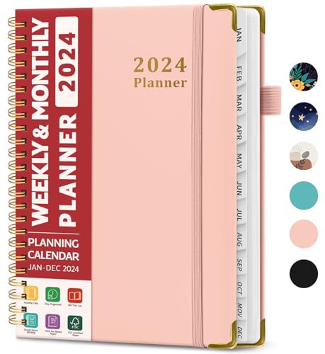 2024 Planner - Weekly and Monthly Planner Spiral Bound, Jan 2024 - Dec 2024, A5 (6.7&#x22; x 8.6&#x22;), Planner 2024 with Tabs, Inner Pocket, Helps To Keep Track Of Tasks - Pink