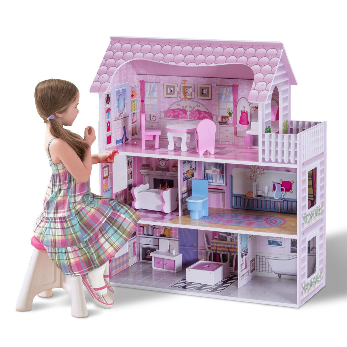 Gymax 28 Pink Dollhouse w/ Furniture Gliding Elevator Rooms 3 Levels Young Girls Toy