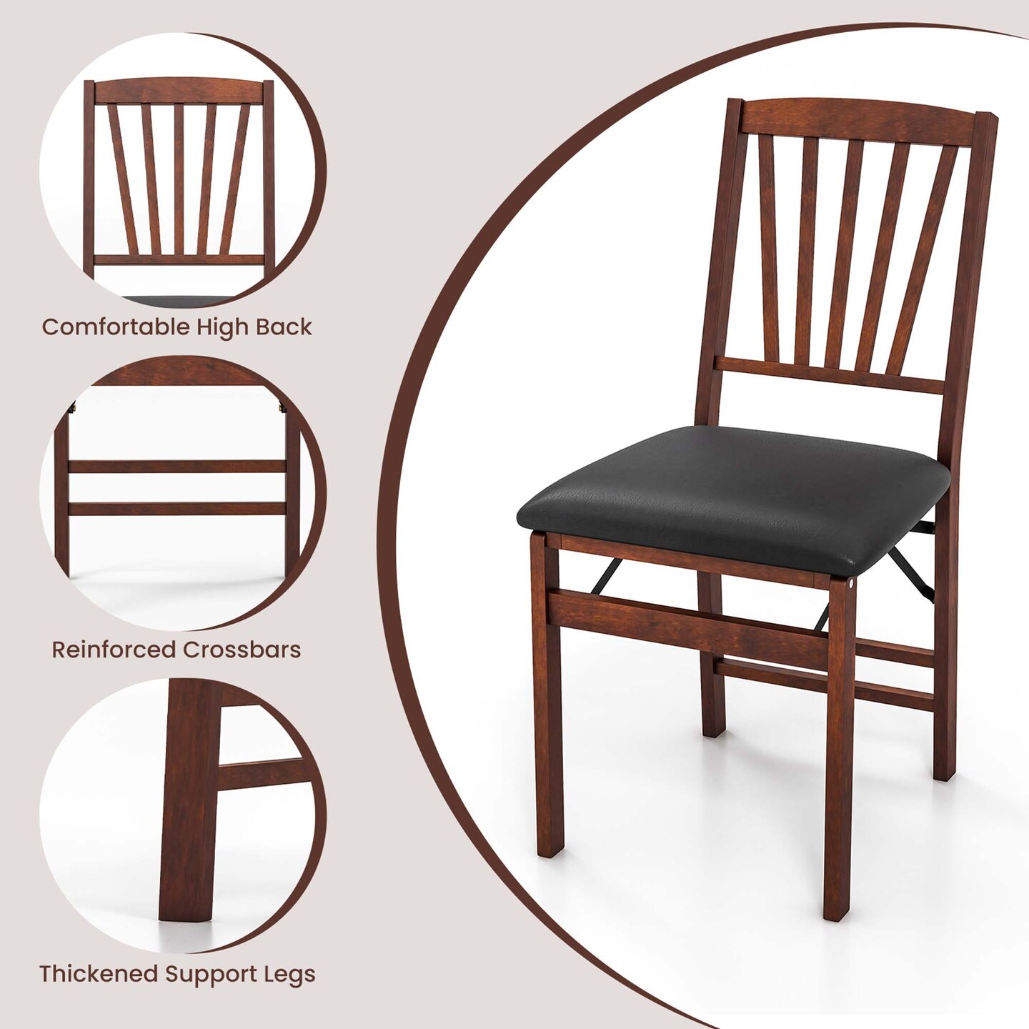 Costway 2 Pack Folding Dining Chairs Foldable Chairs with PVC Padded Seat &#x26; High Backrest