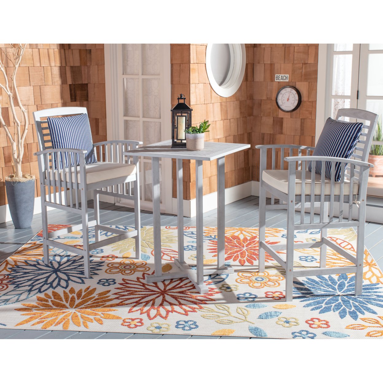 Safavieh   Outdoor Collection Pate 3-Piece Bar Table Bistro Set Grey/Beige/ Navy
