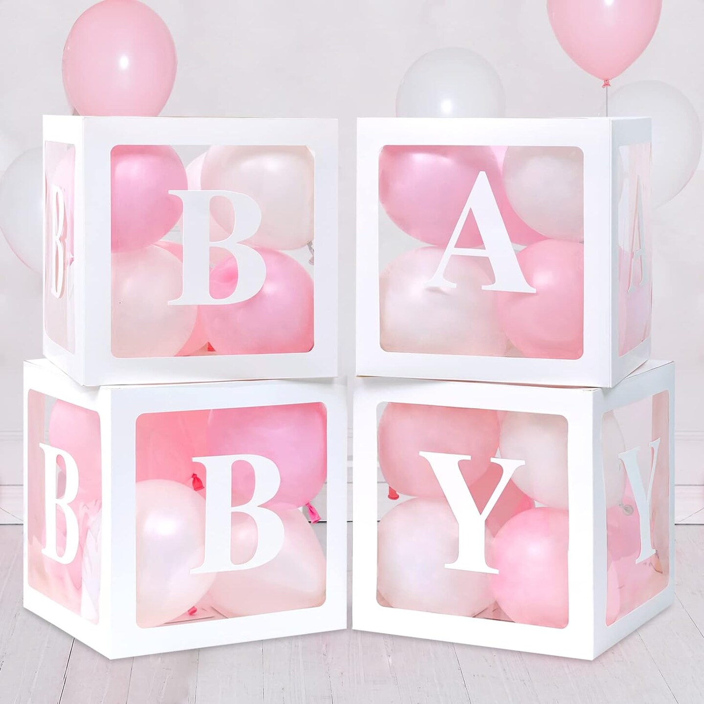 Baby Boxes for Baby Shower Decoration with 8 Letters and 36 Balloons 4pcs Clear Balloon Boxes BABY Blocks for Girls Birthday Party Decorations(Pink)