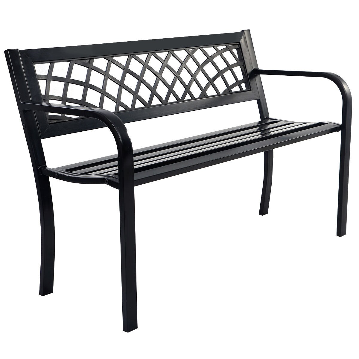 Garden Bench Deck with Steel Frame with Metal Mesh Backrest and Two Armrests