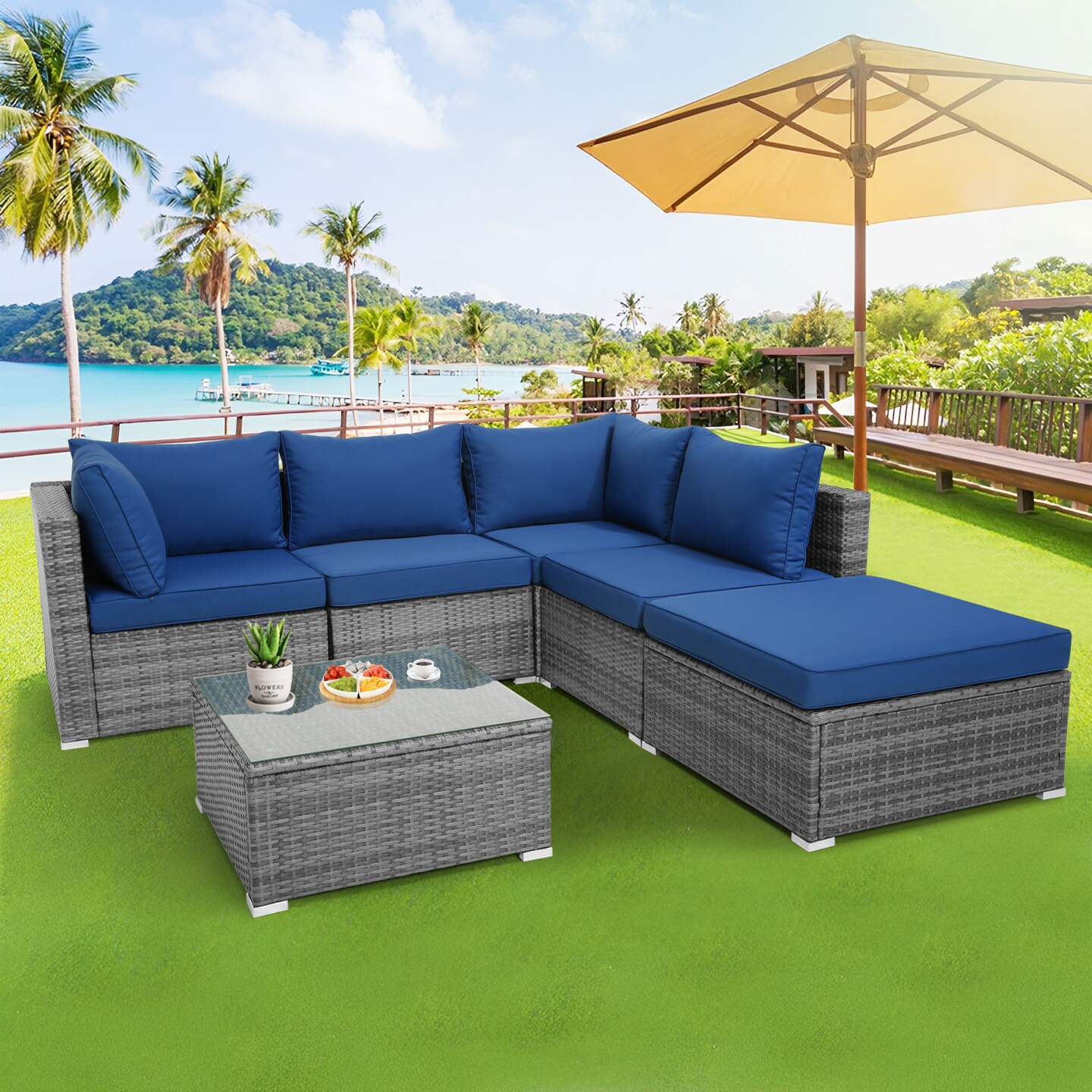 6 Pieces Outdoor Rattan Sofa Set with Seat and Back Cushions-Navy