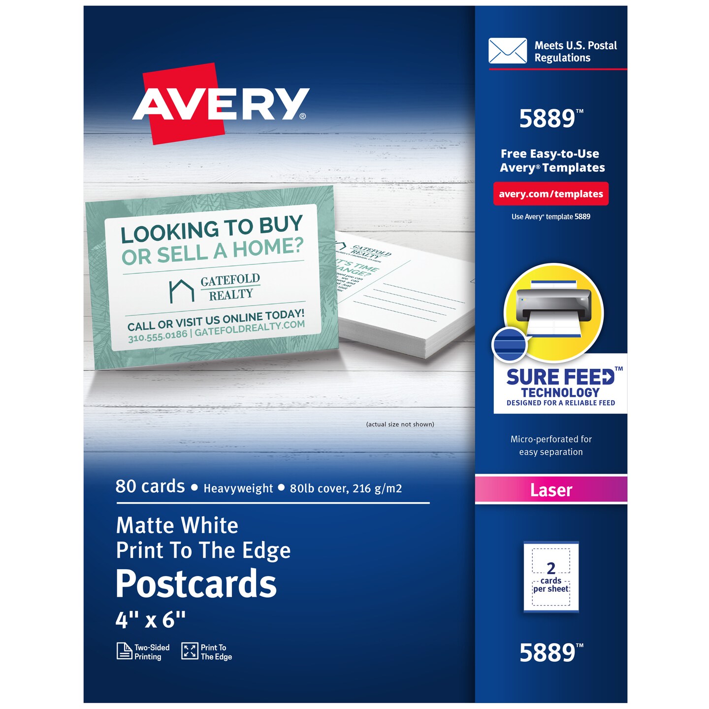 Avery Printable Postcards with Sure Feed Technology, 4" x 6", White, 80 Blank Postcards for Laser Printers (5889)