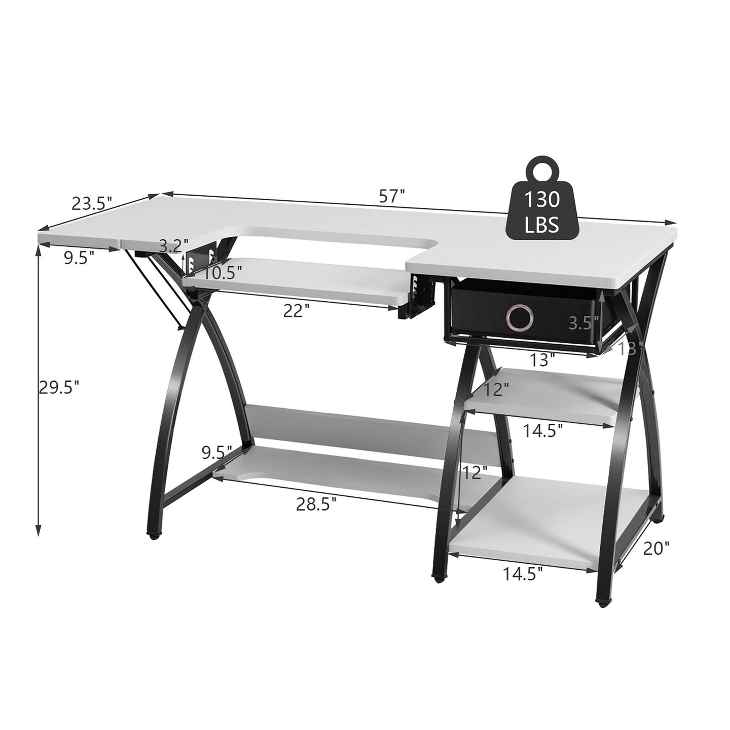 Costway Sewing Craft Table Folding Computer Desk Adjustable Platform w/ Drawer &#x26; Shleves