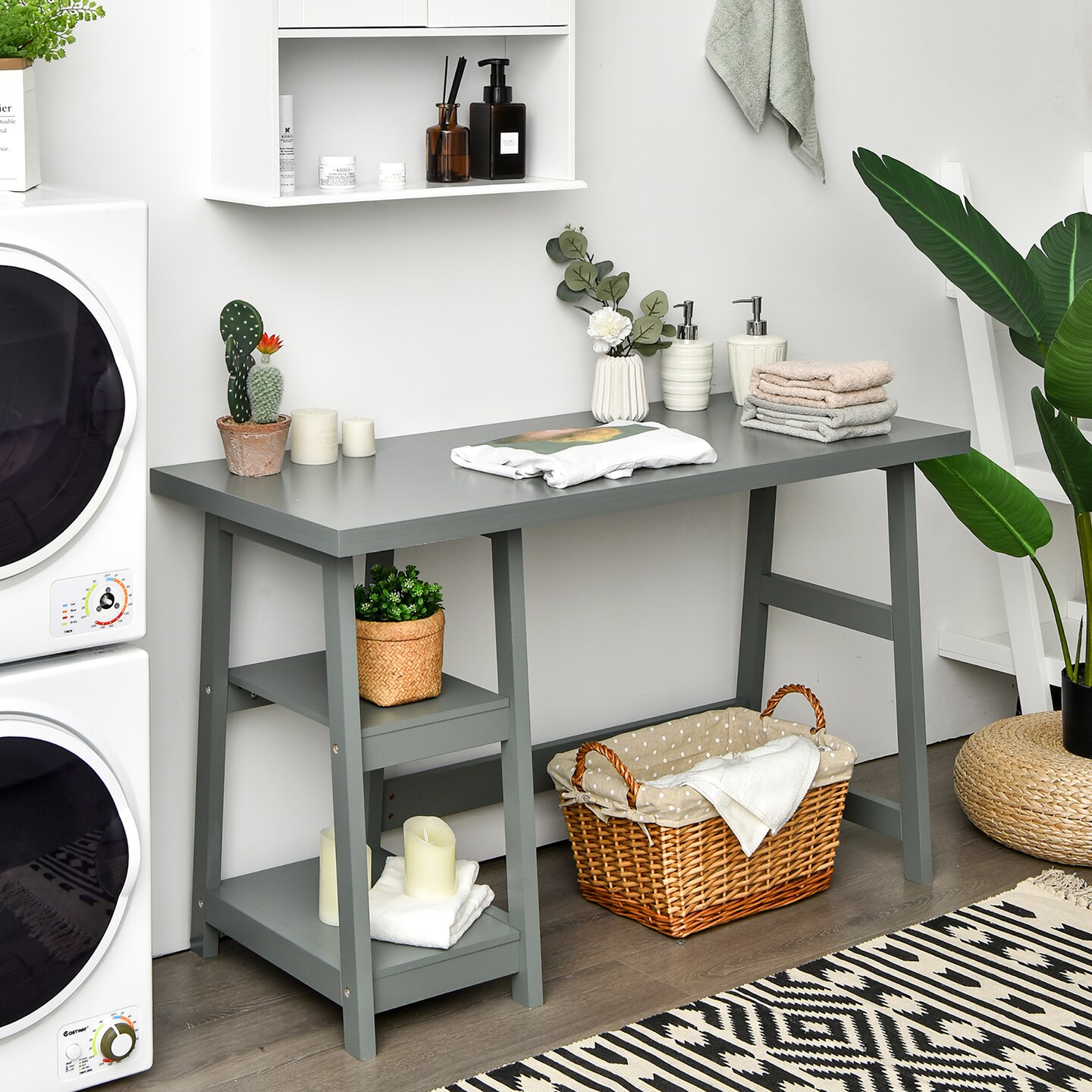 Costway Trestle Computer Desk Home Office Workstation w/Removable Shelves Vintage BlueWhite