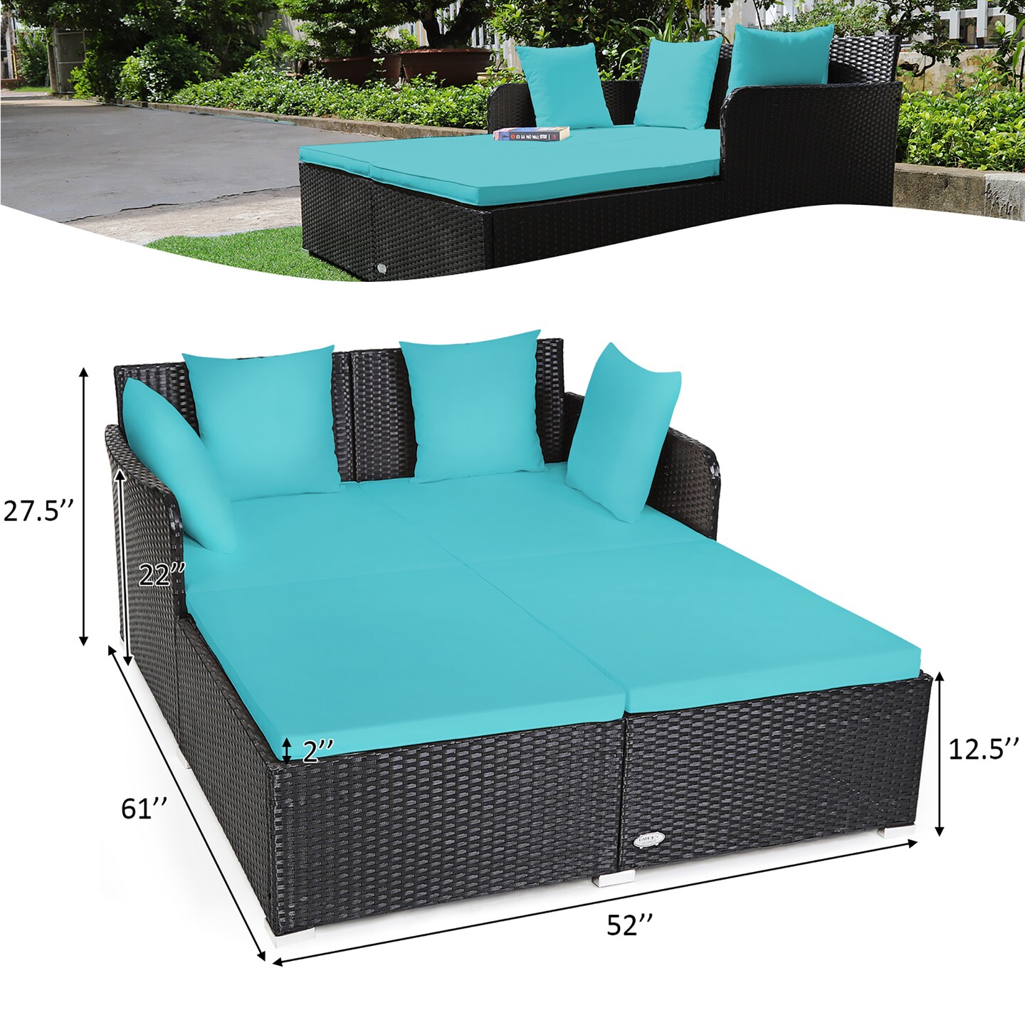 Costway Outdoor Patio Rattan Daybed Pillows Cushioned Sofa Furniture Beige/Turquoise/Red/Black