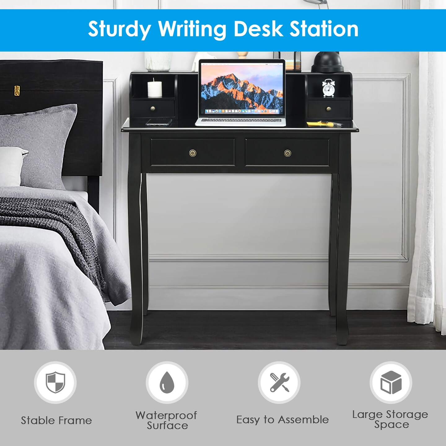 Costway Writing Desk Mission White Home Office Computer Desk 4 Drawer White\Black\Pink