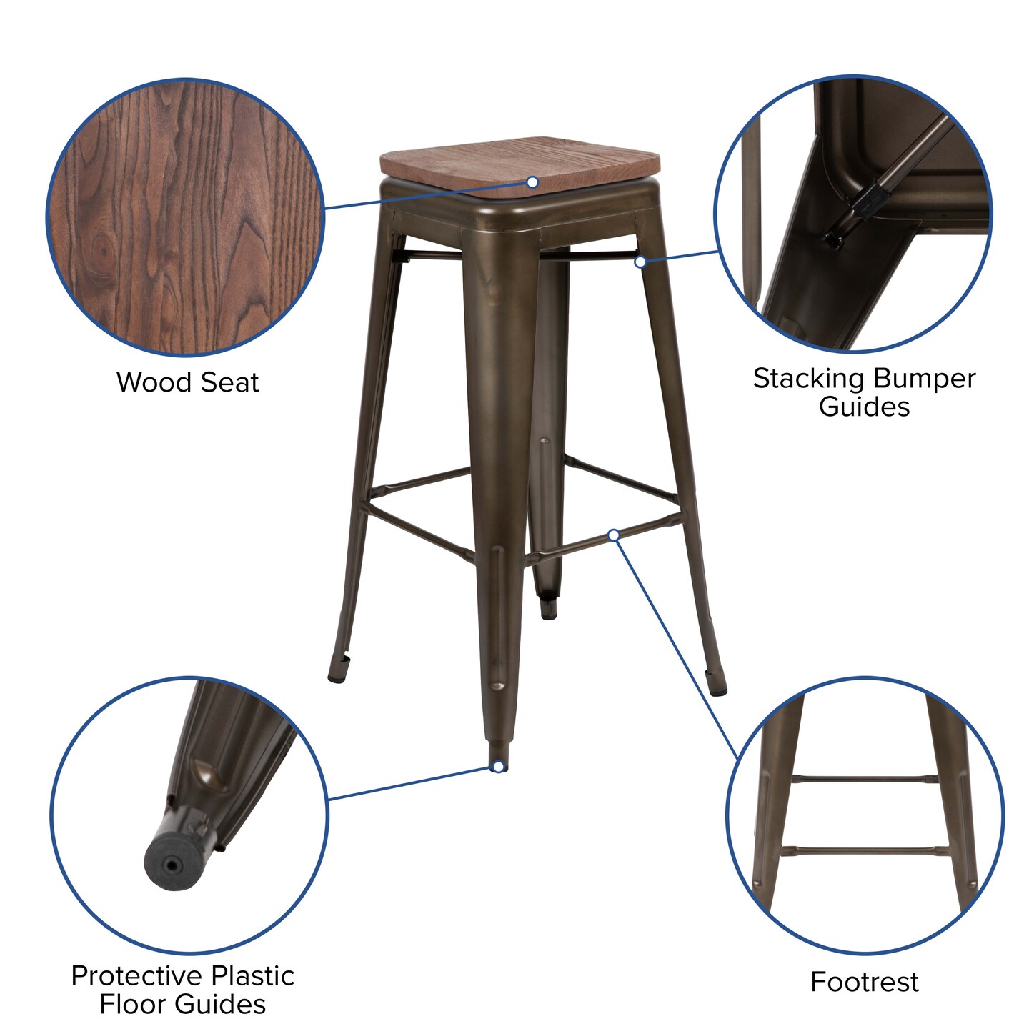 Merrick Lane Brooklyn Set of Four Metal Backless Wood Square Seat Bar Stools With Cross Braces