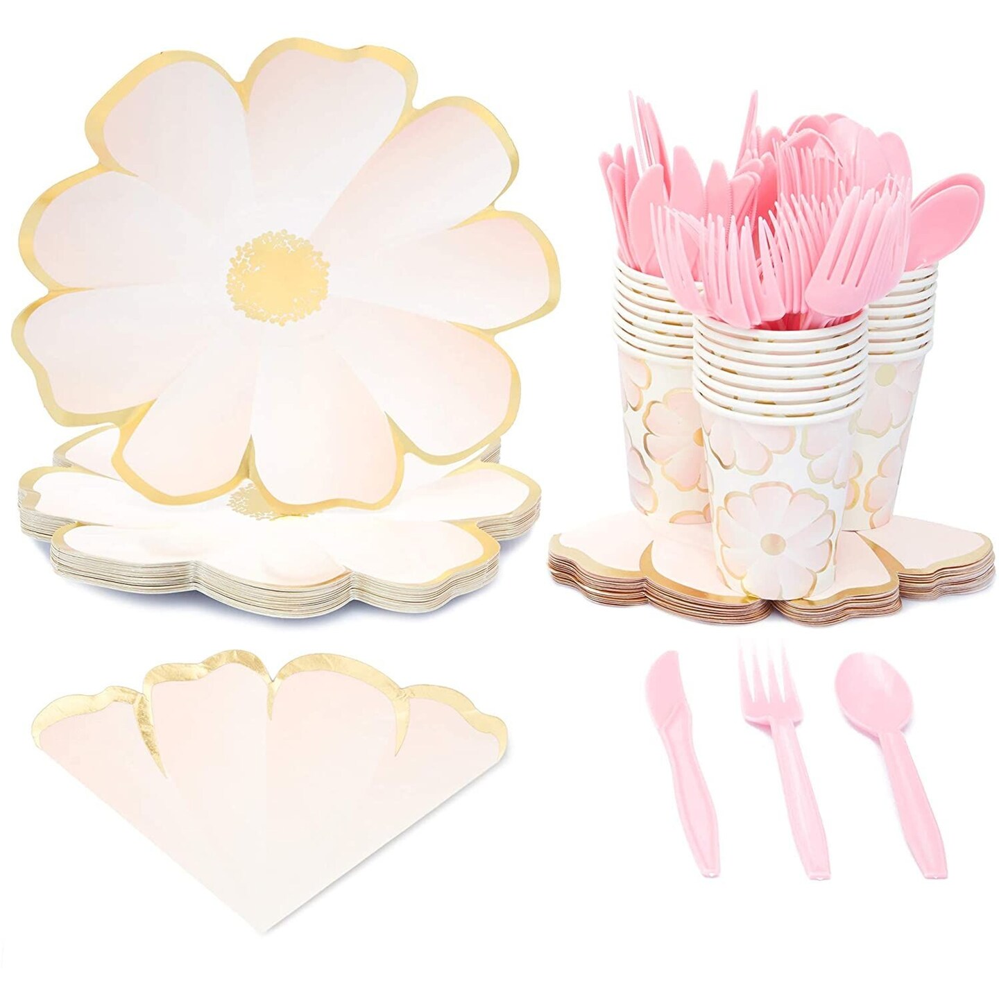 144-Piece Flower Party Supplies with Daisy Paper Plates, Napkins, Cups, and Cutlery (Serves 24)