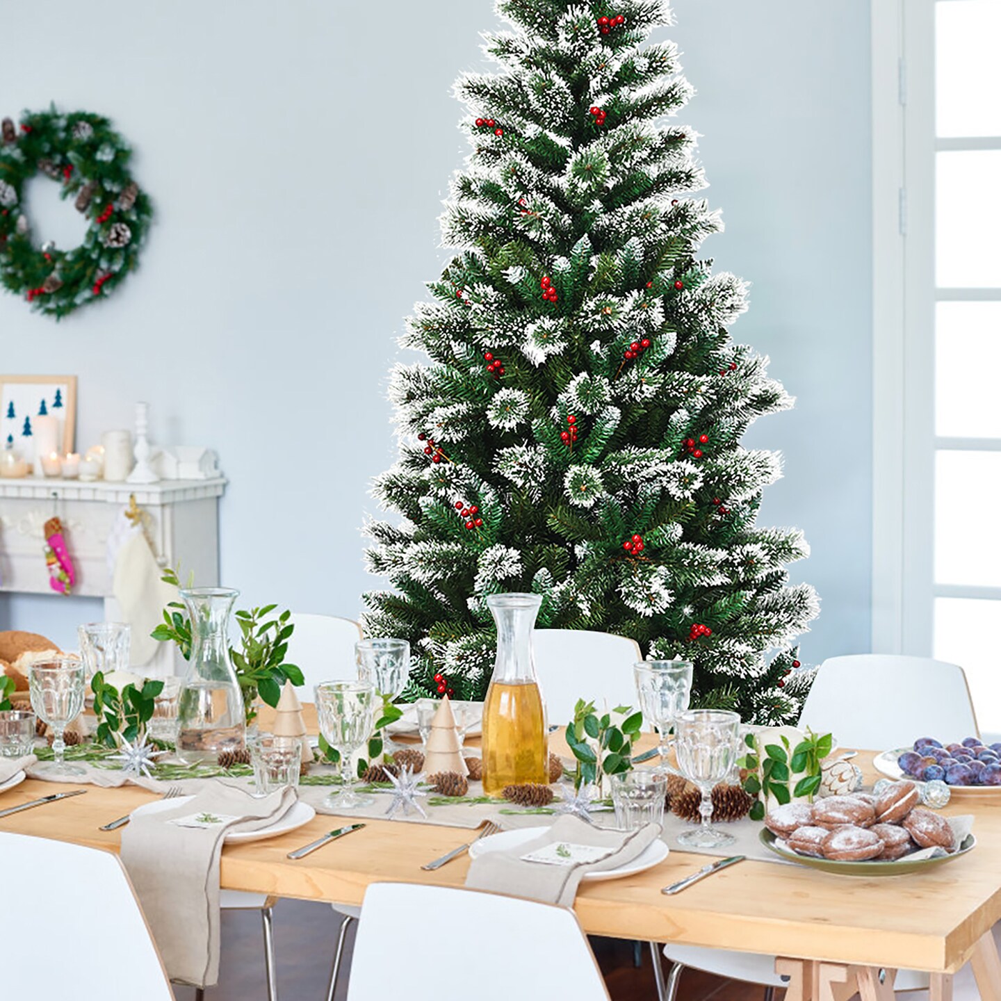 Costway Snow Flocked Artificial Christmas Hinged Tree w/ Pine Needles & Red Berries