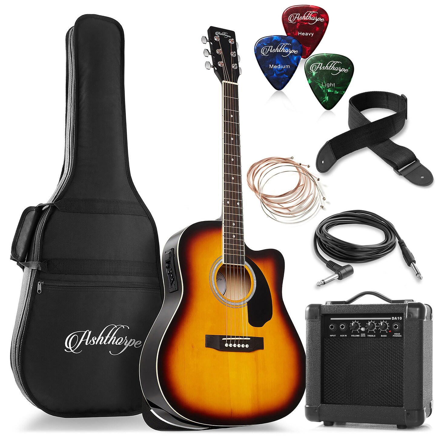 Ashthorpe Full-Size Dreadnought Cutaway Acoustic Electric Guitar Package with 10 Watt Amp
