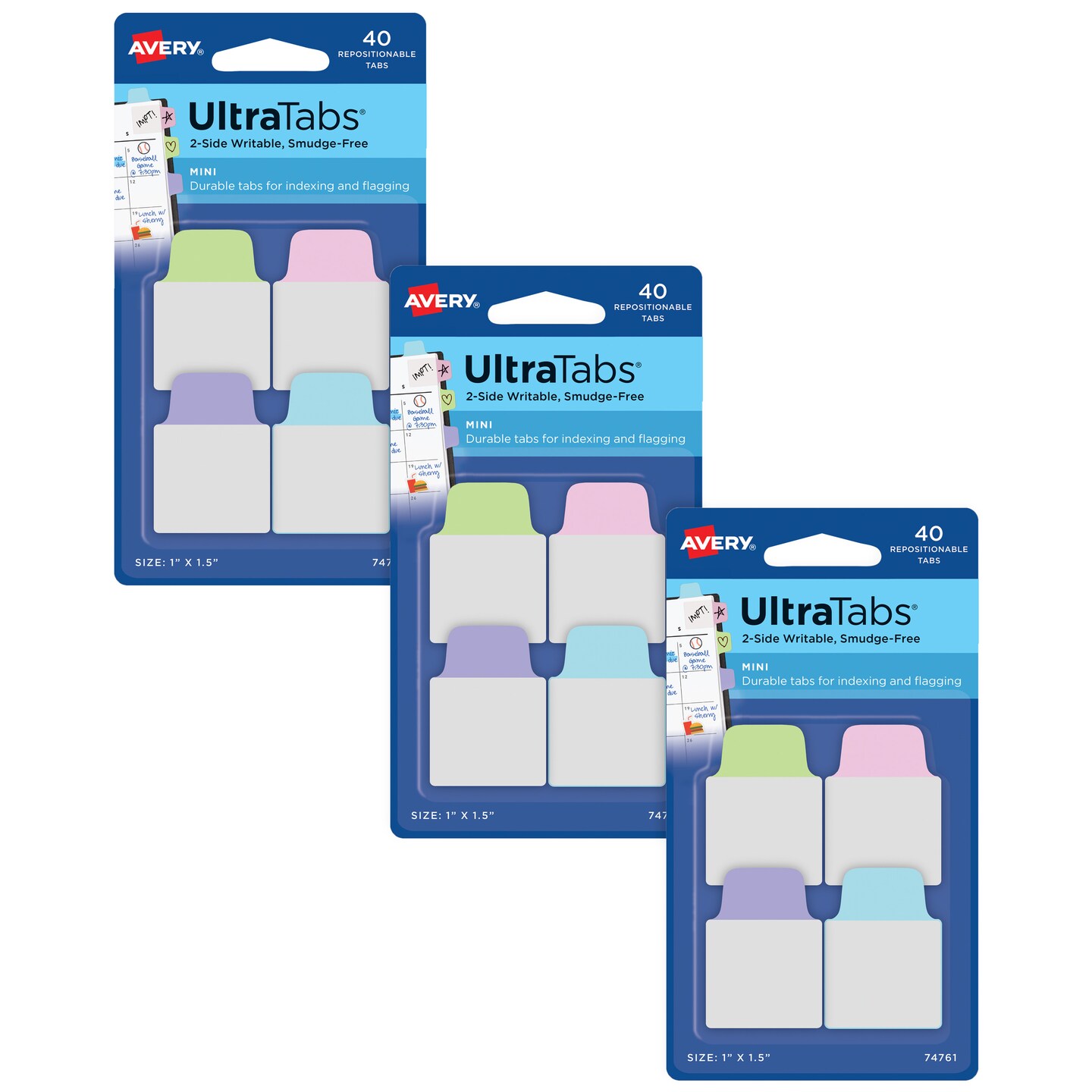 Avery Ultra Tabs, Mini Tabs, 1&#x22; x 1.5&#x22;, 2-Side Writable, Assorted Pastel Colors, 40 Tabs Per Pack, 3-Pack, 120 Self Adhesive Tabs Total (34778)