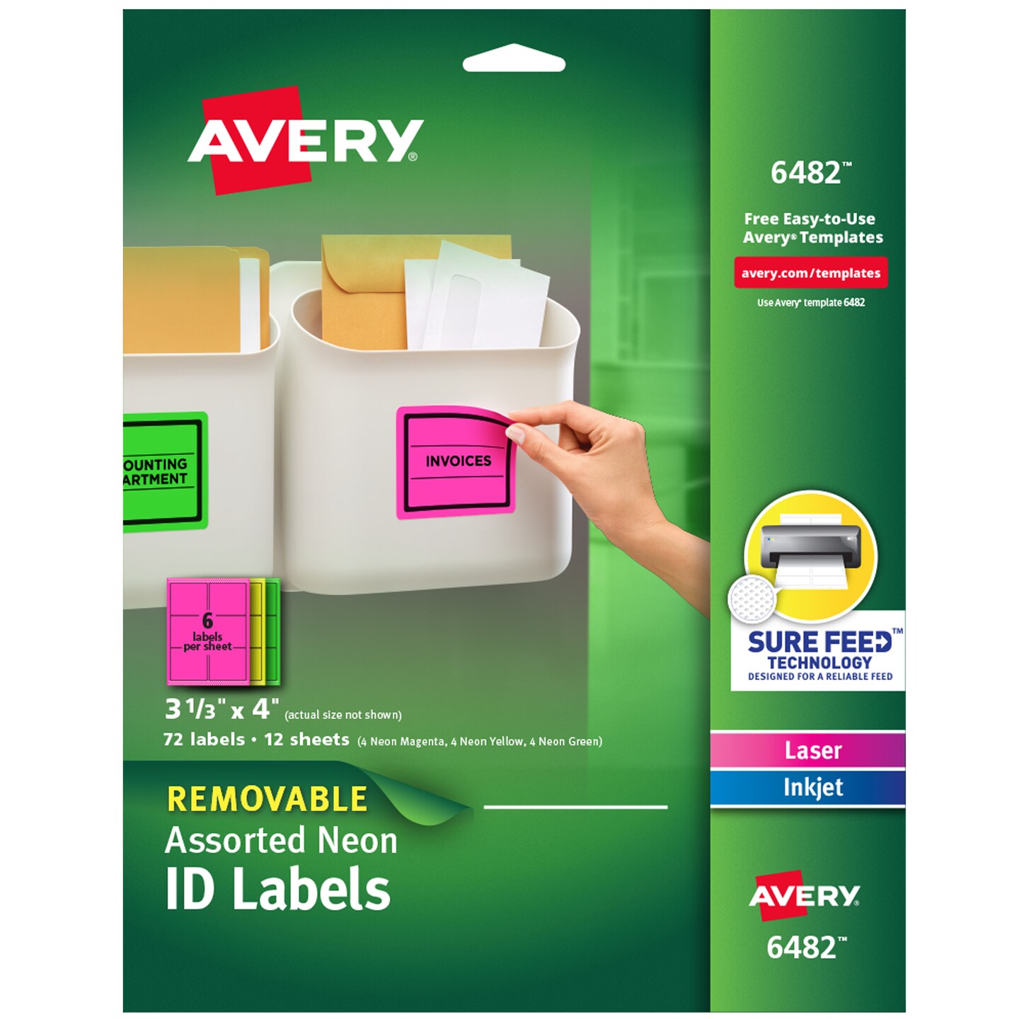 Avery Removable Multipurpose Labels, Sure Feed Technology, 3-1/3&#x22; x 4&#x22;, Assorted Neon, 72 Labels (6482)