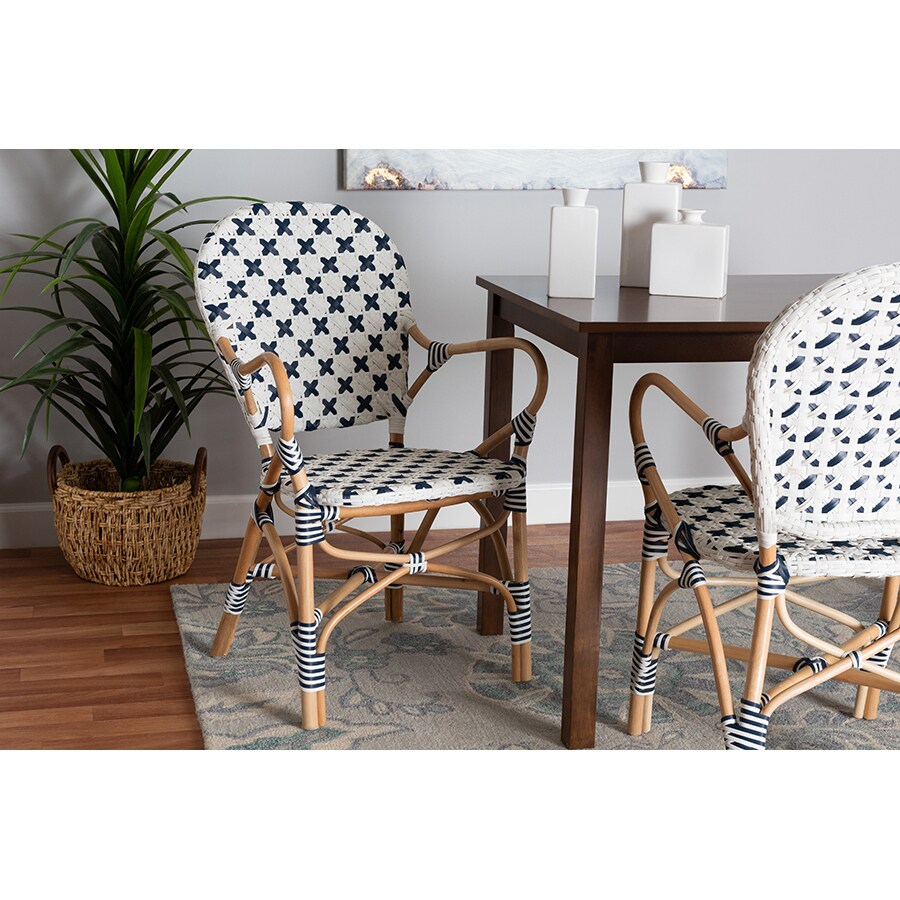 Wholesale Interiors Baxton Studio Bryson Modern French Blue and White Weaving and Natural Rattan Bistro Chair